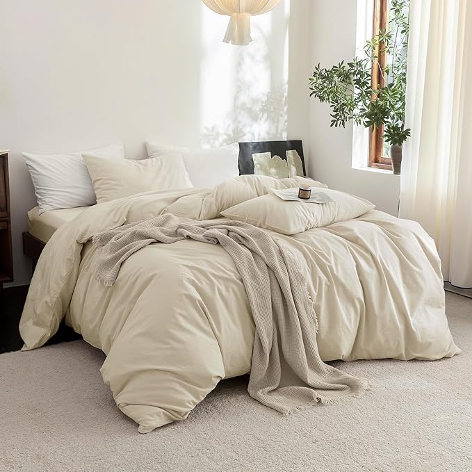 FOSSA Duvet Cover Set 100% Washed Cotton Linen Feel Super Soft Breathable Cozy 3 Pieces Bedding Sets Solid Almond Grey Super Queen