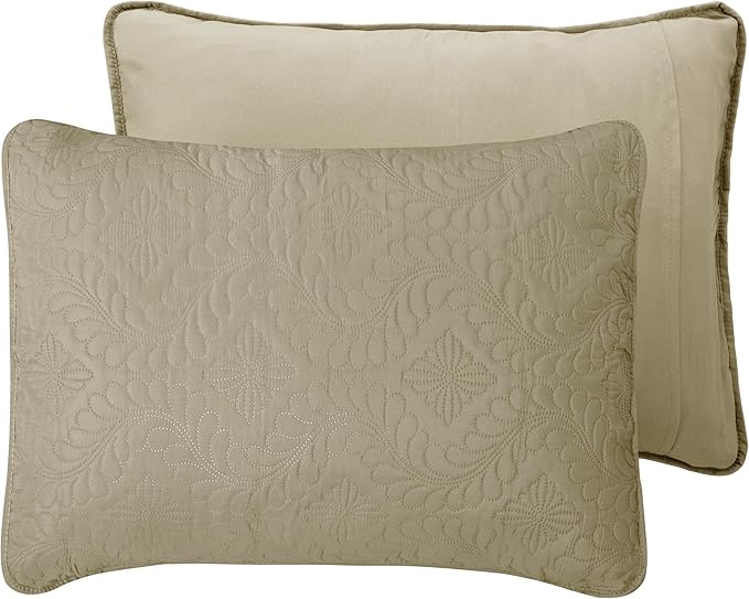 Easy-Going Full/Queen Size Reversible Quilt Set with 1 Quilt and 2 Pillow Shams, Soft Bed Quilt Cover, Water Resistant Lightweight Microfiber Bedspread, Stain Resistant, Olive Leaf-Beige/Beige