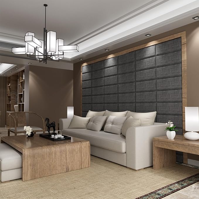 Upholstered Wall Mounted Headboard, Acoustic Panel, Peel and Stick Wall Padding, Dark Grey Dorm Towel Fabric, 4-Pack