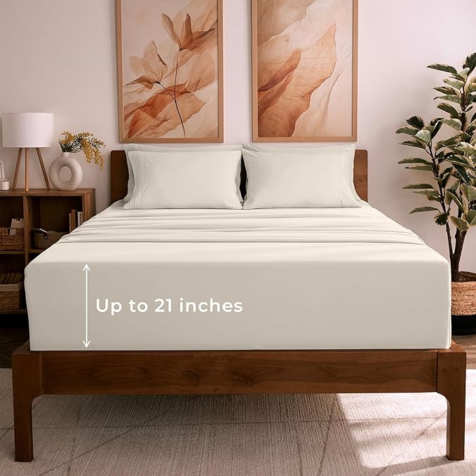 Mellanni Queen Sheet Set - 6-Piece Iconic Collection Bedding, (Including 4 Pillowcases), 21-Inch Extra Deep Pocket, Easy Care, Ultra Soft, Cooling Sheets, Brushed Microfiber - Golden Ivory