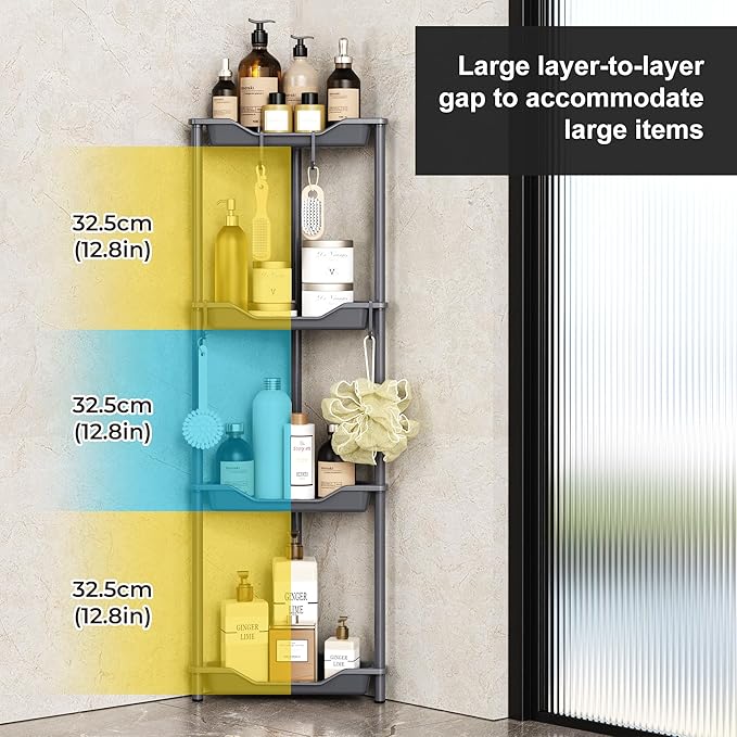 Orimade Rustproof 4 Tier Floor Standing Corner Shower Caddy Organizer, Plastic Metal Splicing Floor Corner Shelf Rack Storage Stands for Bathroom,10.8 x 10.8 x 44.6 inches, Black