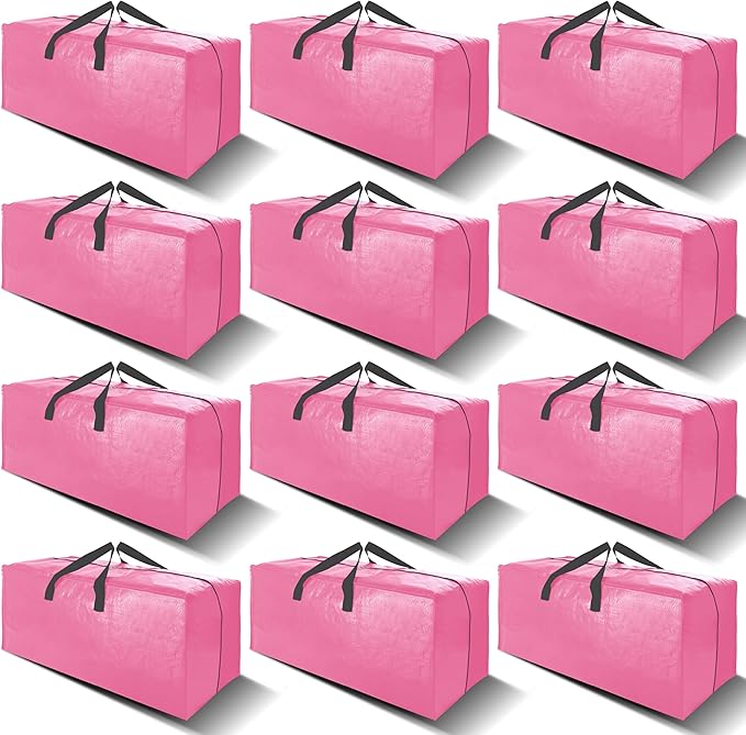 12 Pack Heavy Duty Large Moving Bags W/Backpack Straps - Strong Handles & Zippers, Storage Totes For Space Saving, Fold Flat, Alternative to Moving Box and Storage Bin, Pink