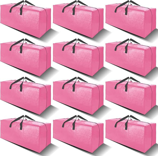 12 Pack Heavy Duty Large Moving Bags W/Backpack Straps - Strong Handles & Zippers, Storage Totes For Space Saving, Fold Flat, Alternative to Moving Box and Storage Bin, Pink