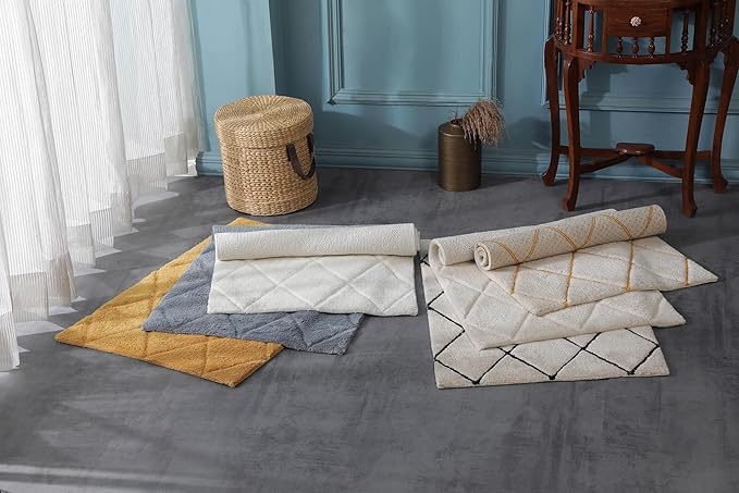 Organic Cotton Bathroom Rug, Luxury Non Slip Ultra Soft & Water Absorbent Bath Mat, Diamonds Design Premium Rug, Perfect for Tub & Shower, Toilet Floors, Door Mat (36"x24", Ivory & Yellow Ochre)