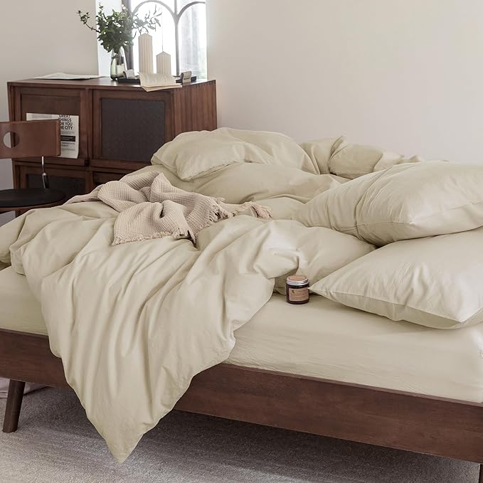 FOSSA Duvet Cover Set 100% Washed Cotton Linen Feel Super Soft Breathable Cozy 3 Pieces Bedding Sets Solid Almond Grey Queen