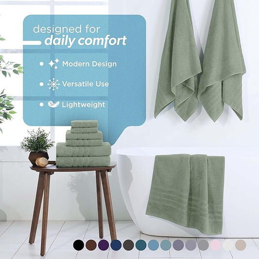 Martex 6-Piece Towel Set – Ultimate Performance – 100% Cotton – 2 Bath Towels – 2 Hand Towels – 2 Wash Cloths – Versatile – Low-Linting – Supersoft & Absorbent Bathroom Set – Easy Care – Sage