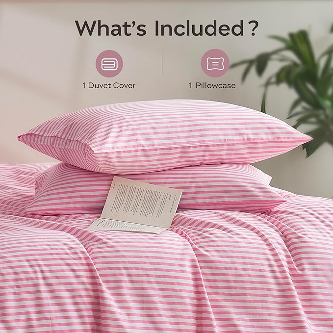 JELLYMONI Twin Duvet Cover Set, Cotton Duvet Cover 2 Pieces with Zipper Closure, 1 Duvet Cover and 1 Pillowcase(Pink with White Striped)