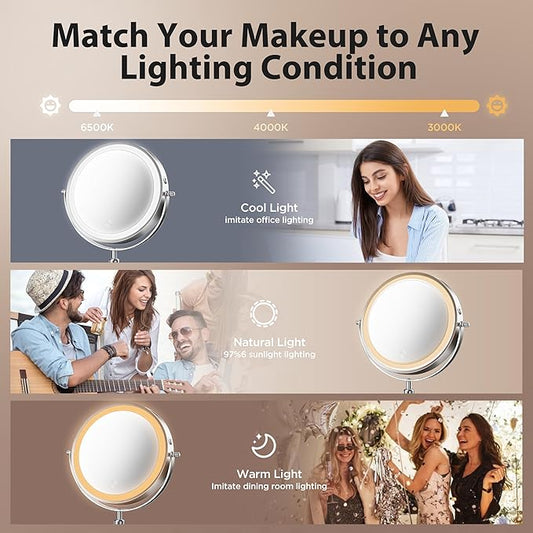Makeup Mirror, 1X/30X Double Sided Magnifying Mirror/Switch with 3 Colors, 3200 mAh Rechargeable, 8" Lighted Makeup Mirror with Magnification, Adjustable Brightness, for Vanity or Bathroom