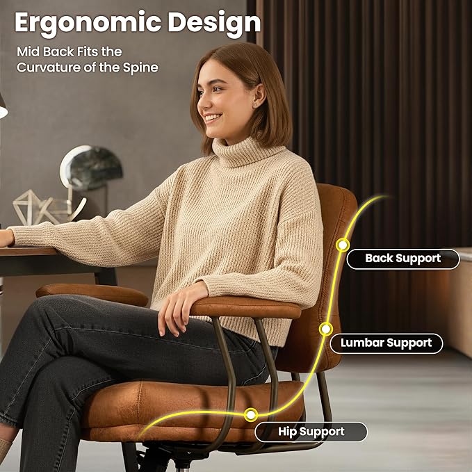 ovios Ergonomic Office Chair, Mid Back Faux Leather Executive Chairs with Thick Cushion, Comfy Mid-Century Modern Swivel Rolling Computer Armchair (Brown, Suede Leather)