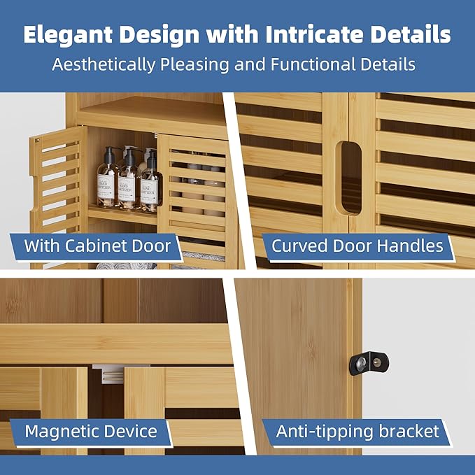 HITNET Bathroom Cabinet Freestanding, Bamboo Storage Cabinet 5-Tier Floor Cupboard with Door and Shelf for Bathroom, Kitchen, Hallway, Natural