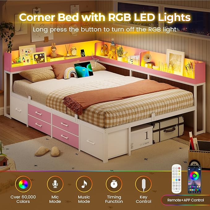 VIAGDO Corner Bed Frame Full with Storage Bookcase and 6 Drawers, Metal Platform Corner Bed Frame with LED Lights and Charging Station, Full Daybed for Kids Teenagers, Pink