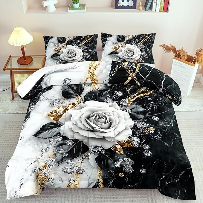 Marble Floral Comforter Set for Full Bed Women,Vintage Flower Bedding Set Full,White and Black Comforter Rose Quilt for Girls,Rose Bedding Floral Bedroom Decor Adults