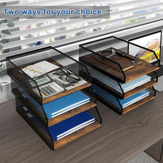 Natwind 3-Tier Stackable Paper Tray, Metal Mesh Desktop Organizer, Wood Board Paper Sorter, Letter Trays,File Document Storage Rack for for Home, Office, School (Retro)