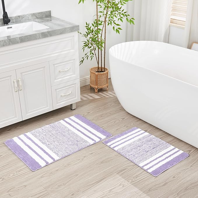 CozeCube Bath mats for Bathroom Non Slip, Fluffy Absorbent Microfiber Bath mat Washable, Aesthetic Bathroom Rugs, Small Purple Striped Bath mat, Lavender, 24" x 16"