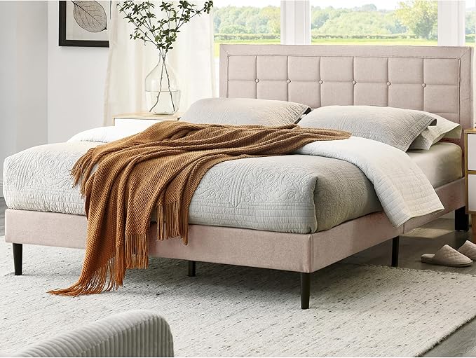 Decoro Mornington Upholstered 2.0 Platform Bed, Button-Tufted Fabric Headboard and Metal Frame with Wood Slat Support, Linen, Queen