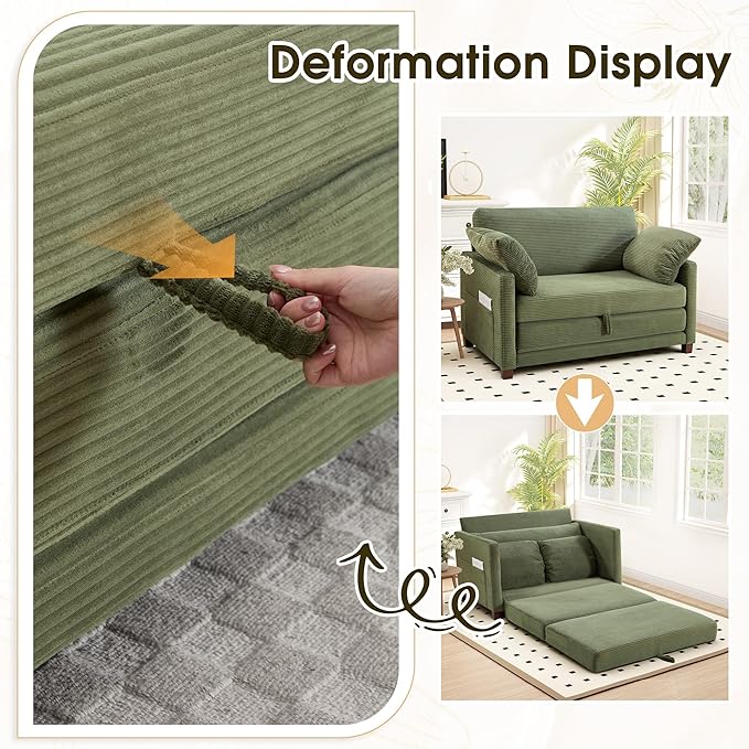 51" Convertible Loveseat Sofa Bed, 2-in-1 Folding Sofa Bed with 2 Pillow for Small Spaces, Modern Loveseat Sleeper Couch for Apartment, Living Room & Guest Room (Green Corduroy, 51 inch)