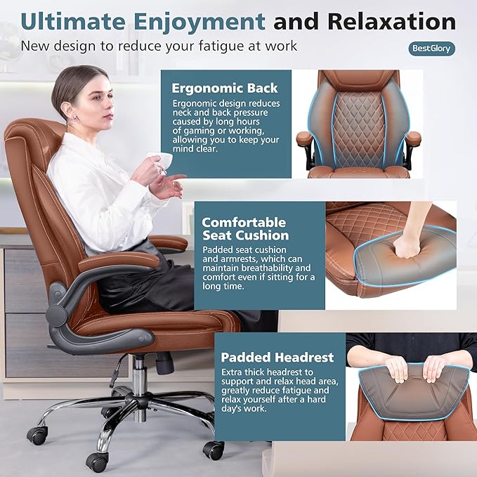 Office Chair, Ergonomic High Back Home Office Desk Chair, Big and Tall Breathable Leather Office Chair with Lumbar Support Flip-Up Armrests, Computer Chair with Rocking Function