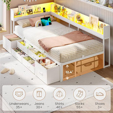 VIAGDO Corner Bed Frame with Storage Bookcase and 6 Drawers, Twin XL Metal Platform Corner Bed Frame with LED Lights and Charging Station, Twin XL Daybed for Kids Teenagers, White