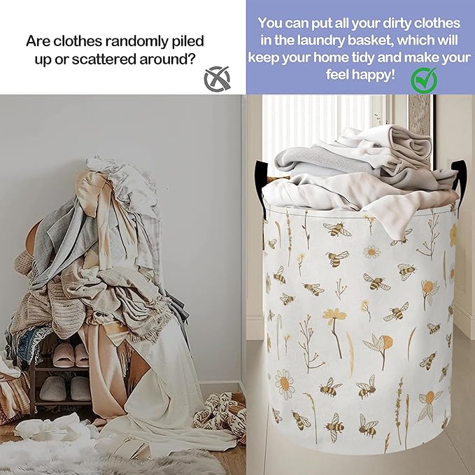 Laundry Basket-Bees Boho Florals Foldable Waterproof Oxford Cloth Funny Tote Bag Laundry Hamper Clothes Storage Bucket Organizer For Bathroom/Laundry Storage/Bedroom Storage Basket