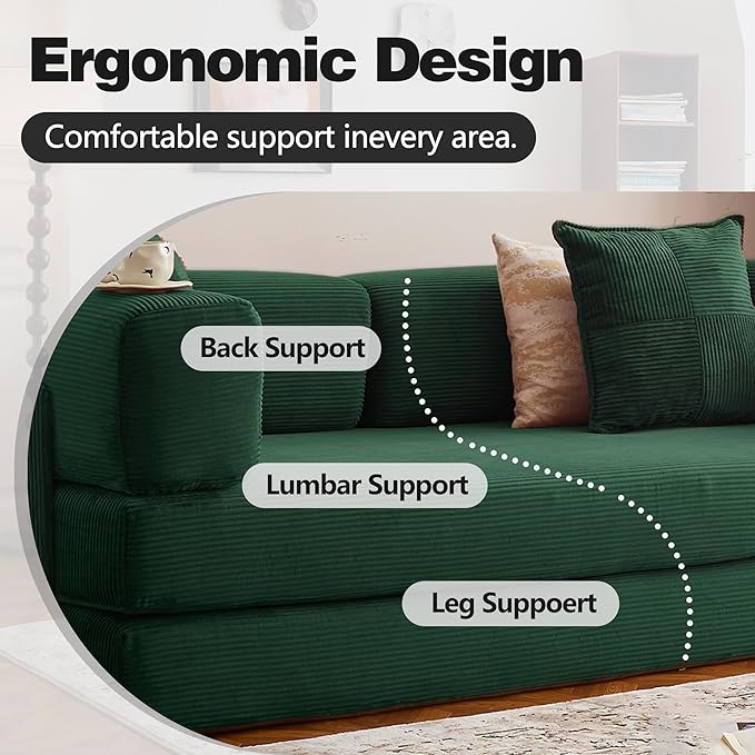 78.8" Convertible Sofa Bed -Compression Sofa with Corduroy Fabric - with Armrests and Backrest - Modular Sectional for Living Room, Bedroom, Studio - Compression Sofa in Box (Dark Green)