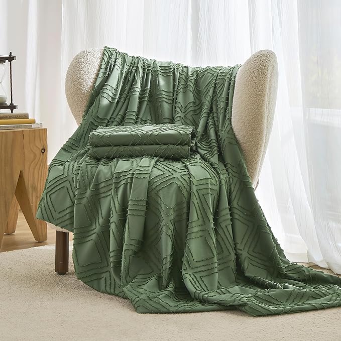 JELLYMONI Duvet Cover King Size Green - 3PCS Boho Duvet Cover Set Plaid Polyester Tufted Bohemian Jacquard Knit Textured Comforter Cover 104×90in Rhombic Geometric Pattern Zipper Corner Tie