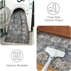 RUGSURE Washable Area Rugs - Stain & Water Resistant Non-Slip Backing - Pet & Child Friendly Vintage Tribal Design in Navy with Beige, Brown & Gold Accents - Ideal for Living Room (8' x 10')