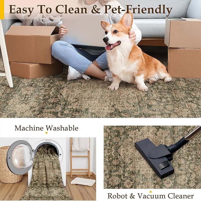 2x10 Washable Vintage Runner Rug Green Brown Hallway Kitchen Carpet Non-Slip Soft Low Pile Distressed Throw Rug for Bedroom Bathroom Laundry Living Room
