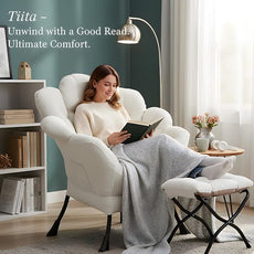 Tiita 2025 Lazy Chair with Ottoman, Modern Floral Upholstered Lounge Armchair, Mid-Century Comfy Reading Chair with Footrest Oversized Armchair for Bedroom, Living Room, Dorm Room, Beige