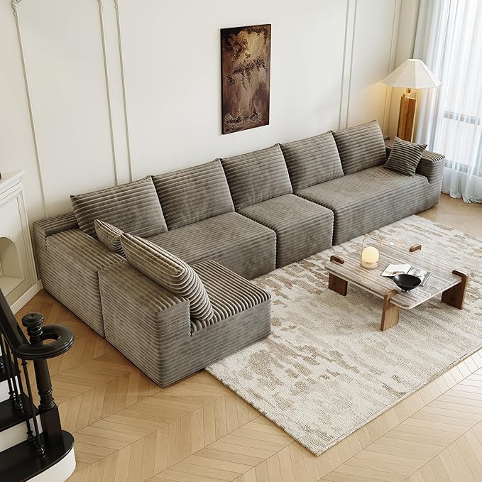 139.4" Modular Sectional Sofa, U-Shaped Minimalist Couches with Ottoman and Middle Seat, Modern Deep Seat Convertible Sleeper Sofa Bed, Reversible Chaise, Cloud Plush Corduroy Fabric,6 Seater, Camel