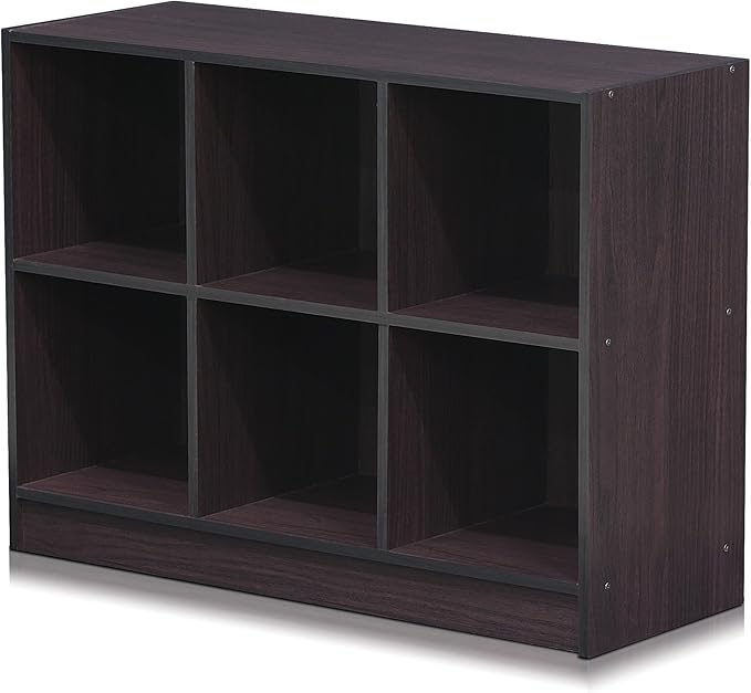 Furinno BASIC Book Shelf, 6-Cube Bookshelf, 3 x 2 Bookcase with Storage Bins, 11.9 x 31.6 x 23.6, for Living Room, Bedroom, Home Office, Dark Walnut
