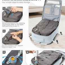 suwasp Vacuum Backpack Travel with Pump, Travel Backpack for Women Men, Vacuum Compression Bags with Laptop Compartment/Shoe Compartment, Personal Item Carry On Backpacks Flight Approved, Light Blue