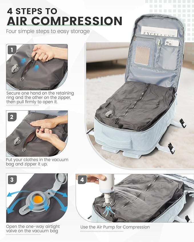 suwasp Vacuum Backpack Travel with Pump, Travel Backpack for Women Men, Vacuum Compression Bags with Laptop Compartment/Shoe Compartment, Personal Item Carry On Backpacks Flight Approved, Light Blue