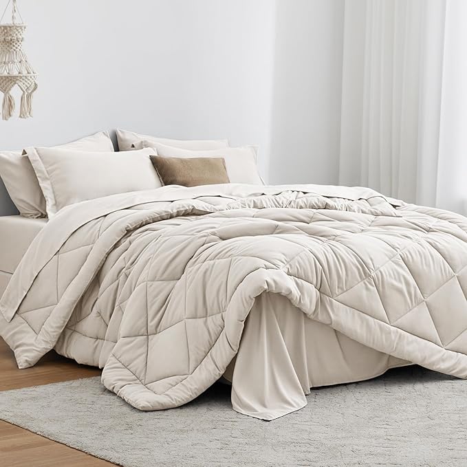 Love's cabin King Size Comforter Set Off White, 7 Pieces King Bed in a Bag, All Season Bedding Sets with 1 Comforter, 1 Flat Sheet, 1 Fitted Sheet, 2 Pillowcase and 2 Pillow Sham