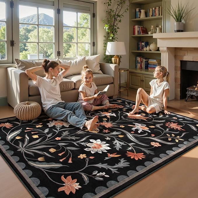 Lahome Boho Floral Washable Black 8x10 Area Rugs for Living Room, Non Slip Rugs for Bedroom, Ultra-Thin Indoor Throw Dining Room Carpet for Under Table Home Office Farmhouse (Black,8x10)