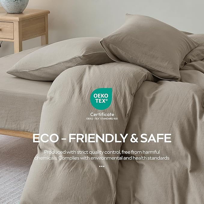 JELLYMONI Washed Cotton Duvet Cover Set Queen Size, Taupe - Super Soft & Breathable Bedding Comforter Cover with Zipper, for Modern Home, Guest Room, and Everyday Use,1 Duvet Cover & 2 Pillowcases