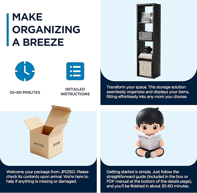 4 Cube Storage Organizer Single Row, Cube Shelf with Heavy-Duty Thick Boards, 13.31" L x 9.37" W x 48.82" H, Smooth Easy-Clean Panels, Simple Assembly, for Living Room Bedroom Office, Black