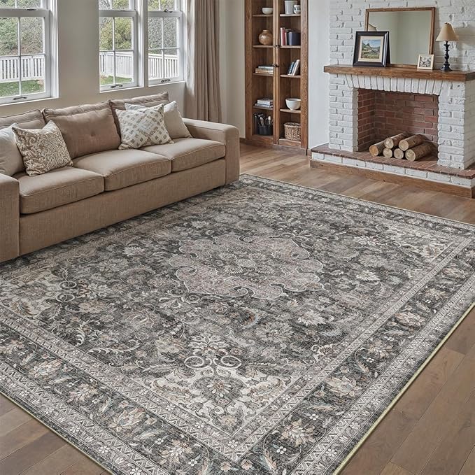9x12 Vintage Area Rug Black Grey Living Room Bedroom Washable Carpet Non-Slip Soft Low Pile Distressed Indoor Large Throw Rug for Dining Room Office