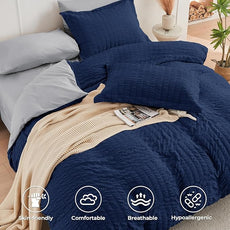 HYMOKEGE Navy Blue/Light Grey Twin Comforter Set Seersucker 5 Pieces, All Season Luxury Bed in a Bag for Bedroom, Bedding Set with Comforter, Sheets, Pillowcase & Sham