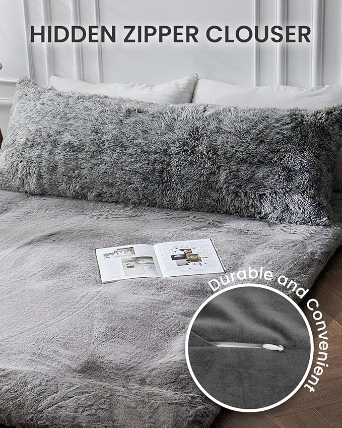 ZonLi Fuzzy Body Pillow Cover, 20"x 54" Furry Body Pillow Pillowcase, Faux Fur Long Pillow Cover with Zipper, Fluffy Soft Plush Decorative Pillow Cases for Bedroom (Grey)