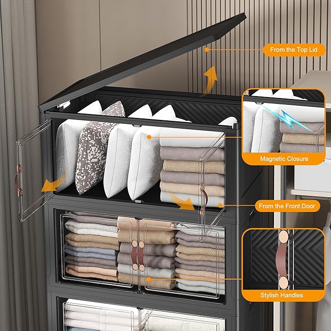 Extra Large Stackable Storage Bins with Lids & Wheels & Door, 336QT-112QT/28GAL*3Pack Foldable Collapsible Closet Organizers, Plastic containers drawers for bedroom Dorm