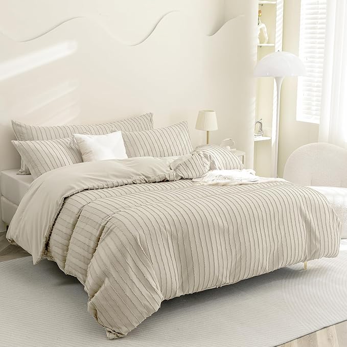 JELLYMONI Duvet Cover California King Size Light Khaki - 3PCS Boho Striped Duvet Cover Set Polyester Tufted Bohemian Textured Comforter Cover 104×98in with Corner Ties & Zipper and 2 Pillowcases