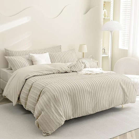 JELLYMONI Duvet Cover Super King Size Light Khaki - 3PCS Boho Striped Duvet Cover Set Polyester Tufted Bohemian Textured Comforter Cover 116×98in with Corner Ties & Zipper and 2 Pillowcases