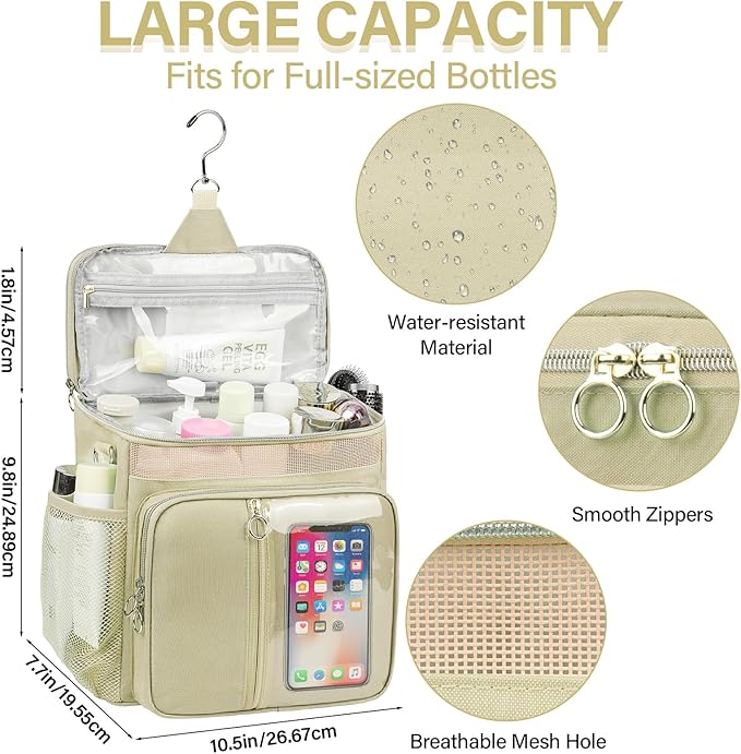 Portable Shower Caddy College, Quickly Dry Tolietry Mesh Tote Bag for Dorm Room Essentials, Hanging Bathroom Organizer Bag for Travel, Gym, Camping (Apricot)