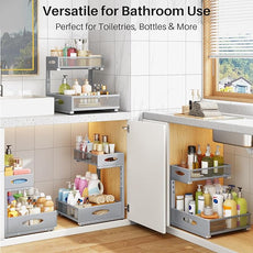 Under Sink Organizer, 2 Pack 2 Tier Pull Out Under Cabinet Organizer Shelf with Pad for Framed Cabinets, Metal Slide Out Under Sink Storage, Mesh Sliding Drawers for Kitchen Bathroom Laundry, Grey