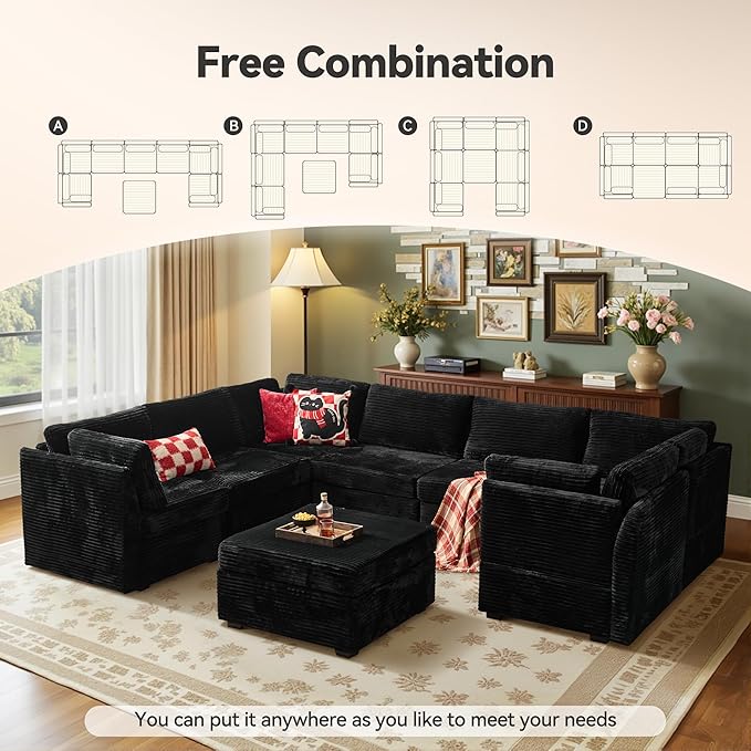 Large 8 Seat Modular Sectional Sofa with Ottoman Seat Corduroy Sleeper Sectional Sofa Bed Oversized Convertible Modular Couch for Living Room
