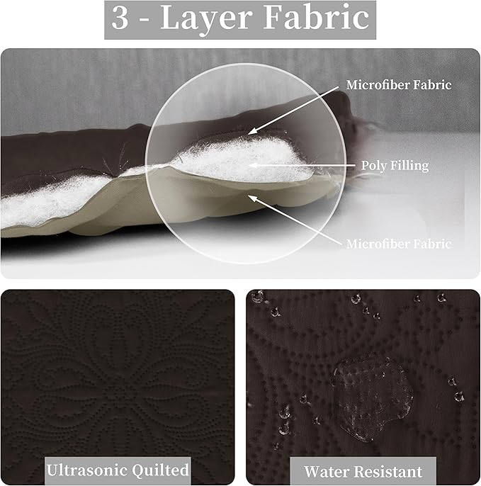Easy-Going Twin Size Reversible Quilt Set with 1 Quilt and 1 Pillow Sham, Soft Bed Quilt Cover, Water Resistant Lightweight Microfiber Bedspread, Stain Resistant, Damask-Chocolate/Beige