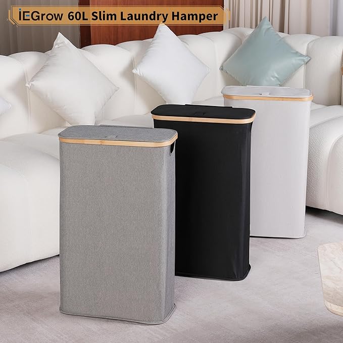 60L Slim Laundry Hamper, Narrow Laundry Basket with Lid,Foldable Clothes Hamper with Bamboo Handles,Hamper Basket with Removable Inner Bag for Laundry Room Bedroom College Dorm（Light Grey）