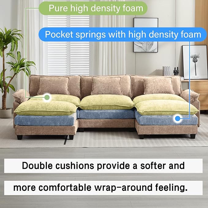 120" Modular Sectional Sofa, Comfy Cloud Couch Sectional Sofa with Ottoman, Chenille Sofa Sleeper Deep Seat Sofa with Throw Pillows for Living Room (Khaki, 120"- U Shape)
