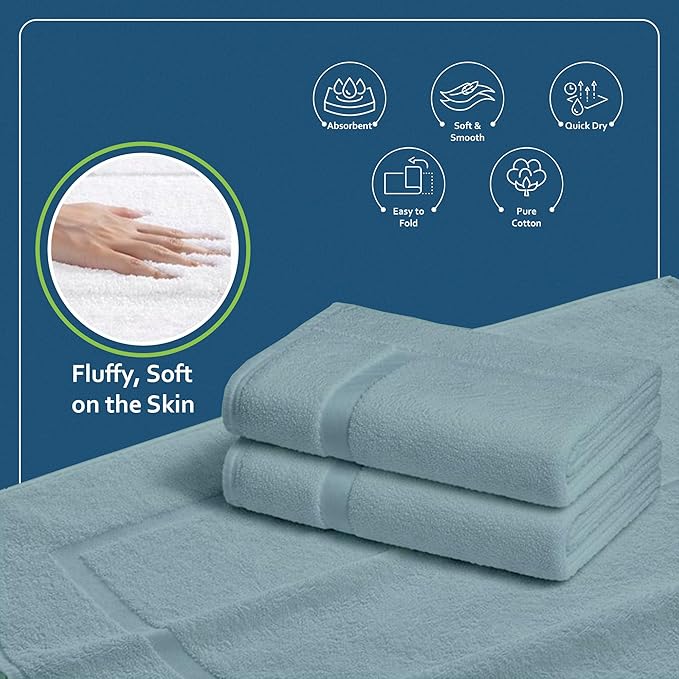 Rajlinen Cotton Bath Mat 2 Pack 23x36-100% Cotton 500 GSM Highly Absorbent Hotel Spa Bathroom Floor Mats, Aesthetic Nile Blue Bath Mat Towels, Machine Washable Shower/Bathtub Rugs