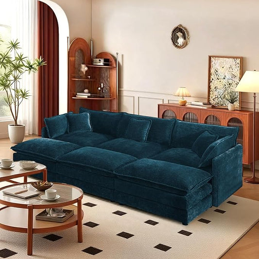 SoarFlash Chenille Sectional Sofa, Comfy Modular Coush Sofa with Ottoman, Modern 3 Seat Recliner Deep Seat Sofa Set for Living Room,Deep Blue